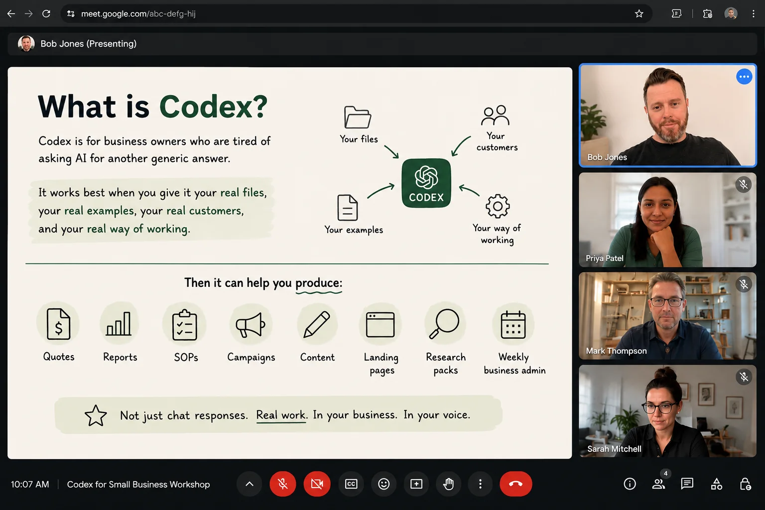 Workshop slide: 'What is Codex?' — explaining that the workshop tool works best when briefed with your real files, customers, examples, and way of working.